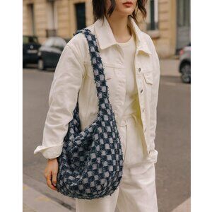 Dark Blue Distressed Denim Large Crossbody Shoulder Bag Chic Handbag